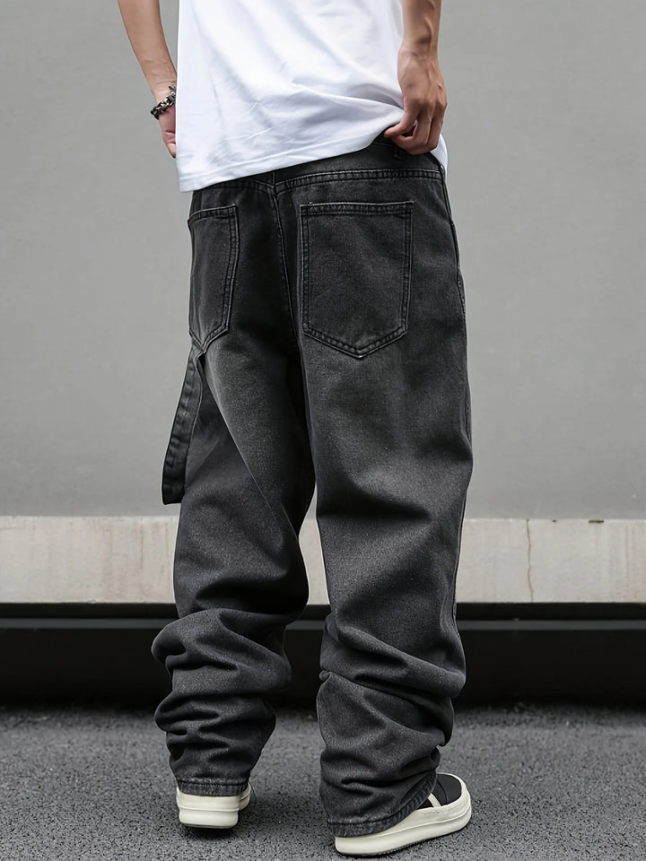 High street American Vibe pleated design micro flared jeans men's loose straight leg hanging wide leg pants men
