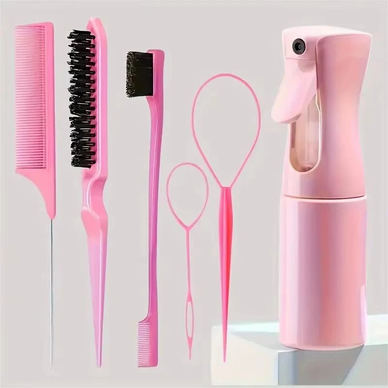 6pcs/Set Professional Hairdressing Hair Brush Set with Spray Bottle Rat Tail Comb Teasing Brush Edge Control for Styling