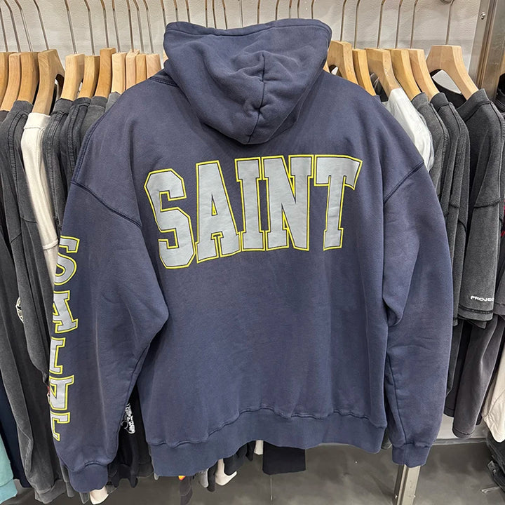 Retro Washed Saint High Quality Medal Print Blue Hoodies Pure Cotton Thicken Street Fashion Men Women Casual Suit