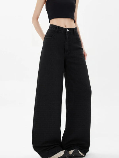 Women's Loose-Fit Black Slimming Washed Denim Pants – Stylish Straight-Leg Wide-Baggy Jeans for Girls