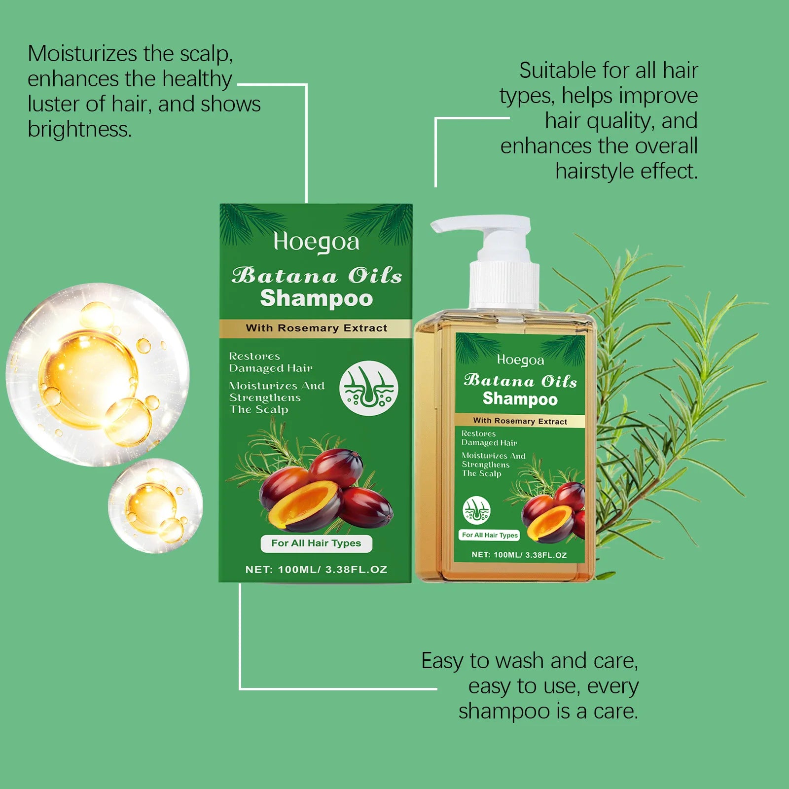 100/300ml Batana Oil & Rosemary Hair Care Shampoo Deep Nourishing Scalp Remove Dandruff Strengthens Hair for Shiny Shampoo Hair