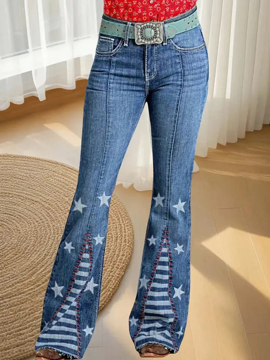 【HME】Women's high-waisted jeans, blue striped women's printed flared pants, buttoned star-printed jeans, fitted flared jeans