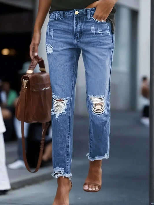 2025 Summer New Women's Retro Piercing Elastic Jeans, Five Pocket Design, Comfortable Version, Suitable for Daily Wearing