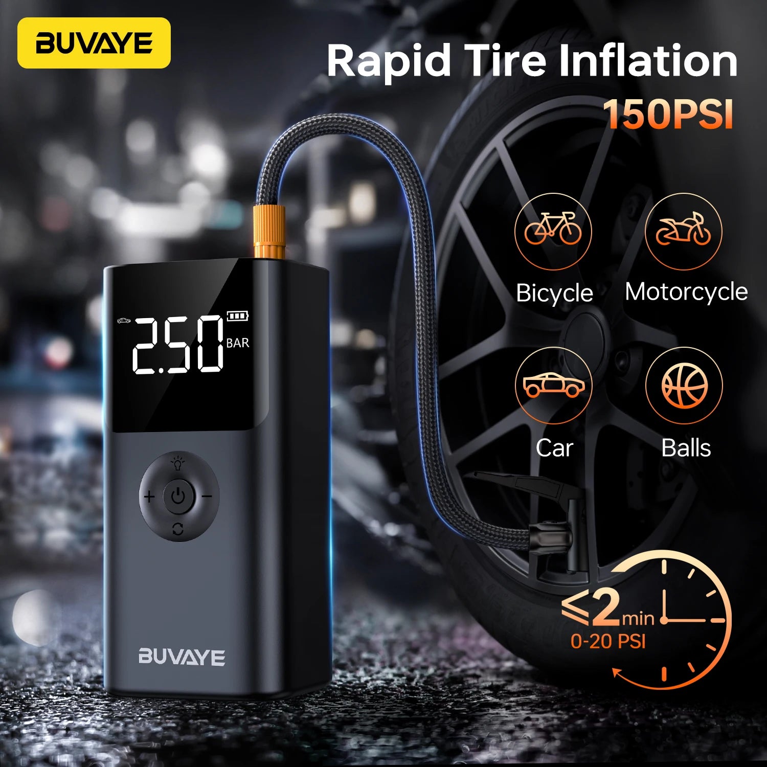 BUVAYE 4 In 1 2500A Portable Jump Starter Power Bank 150PSI Air Pump Booster Car Battery 12V Car Battery Starter Powerbank