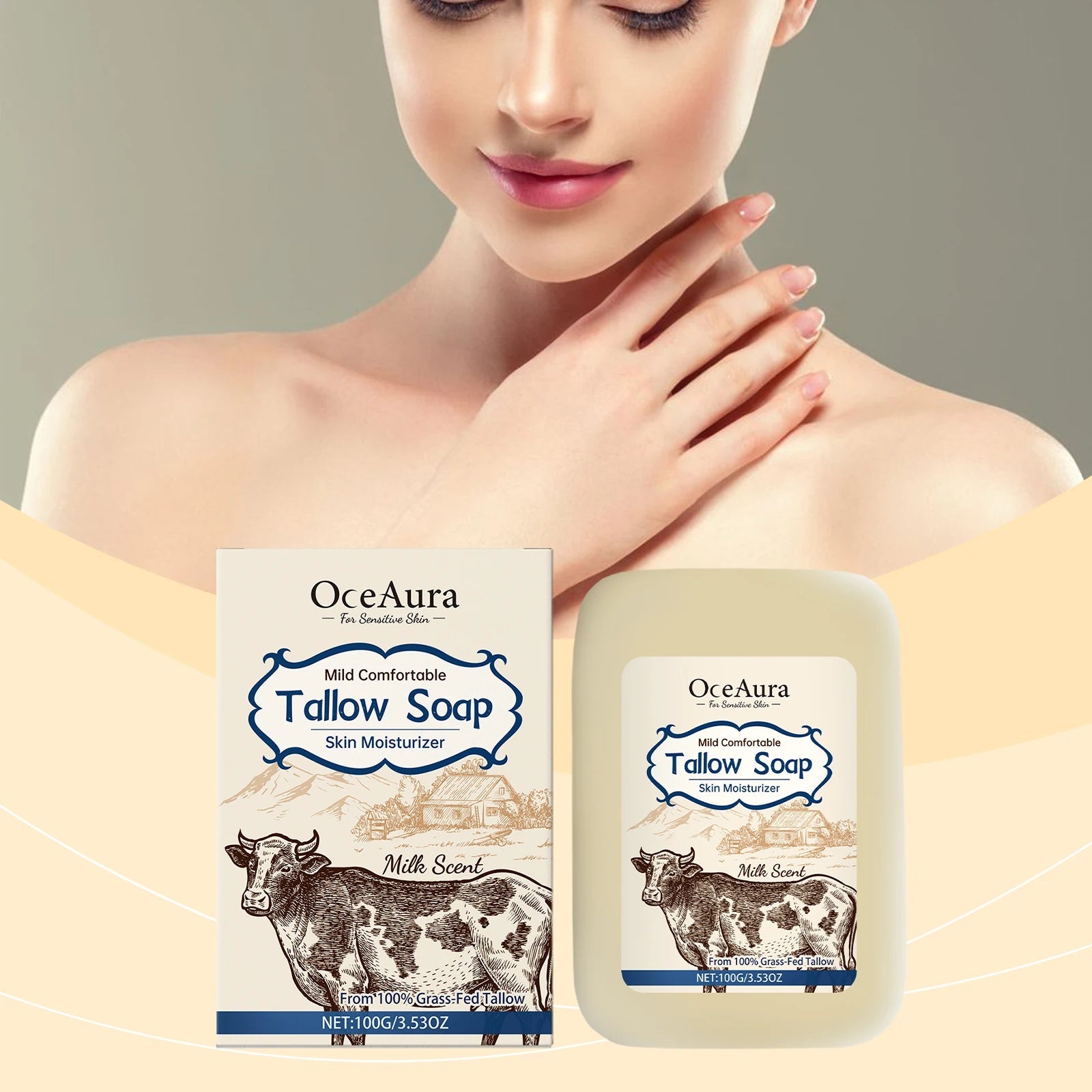 OCEAURA Tallow Soap, Beef Tallow Soap, Pure Tallow Balm Soap Bar for Sensitive Skin - Moisturizes, Soothes, and Hydrates 100g Halalzen