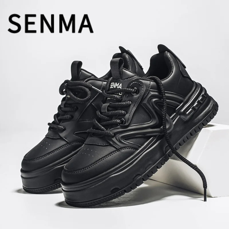 SENMA Comfortable Men's Shoes Street Fashion Art Board Shoes Thick Sole Low-Top Leather Casual Sneakers Tennis/Walking Sneakers