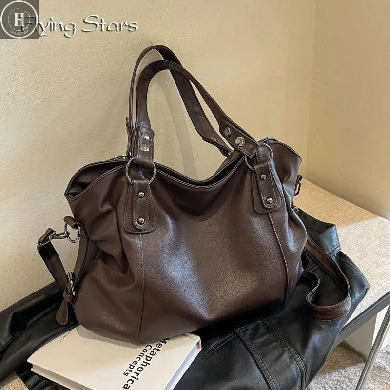 Ladies Large Capacity Brand Handbag Pu Leather Women's Retro Tote Bag Korean Fashion Shoulder Bag Winter White Zipper Handbag HALALZEN