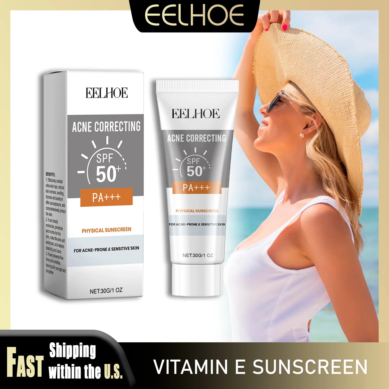 EELHOE 30g Vitamin E Sunscreen Long-lasting Moisturizing Anti-UV Anti-dry Skin SPF 50 Cream Maintains Elasticity Glow Skin Care Halalzen