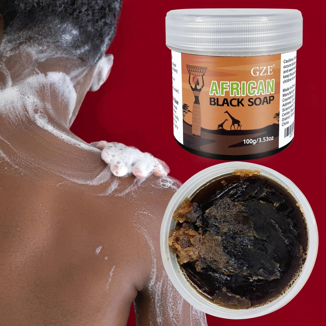 GZE African Black Soap 3-in-1 Face, Hair, and Body Cleanser - Deeply Cleanses and Moisturizes Skin and Hair Handmade Halalzen