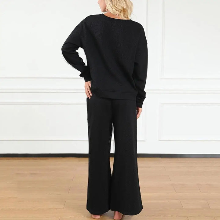 Wide-leg Trousers Set Casual Matching Suit Women's Solid Color Sport Sweatshirt Wide Leg Trousers Set with Drawstring for Fall