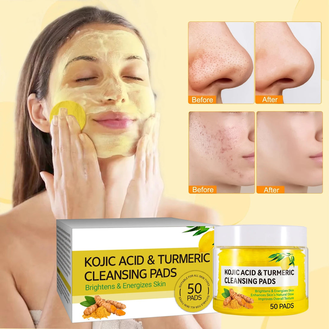 50pcs Kojic Acid Turmeric Cleansing Pads Curcuma Longa Root Facial Sponges Exfoliating Pads Daily Cleansing Skin Care Product Halalzen