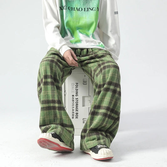 Vintage Plaid Pants Men's Loose Wide Leg Pants Autumn New Lazy Wind Straight-leg Leisure Trousers Male Jogger Sweatpant
