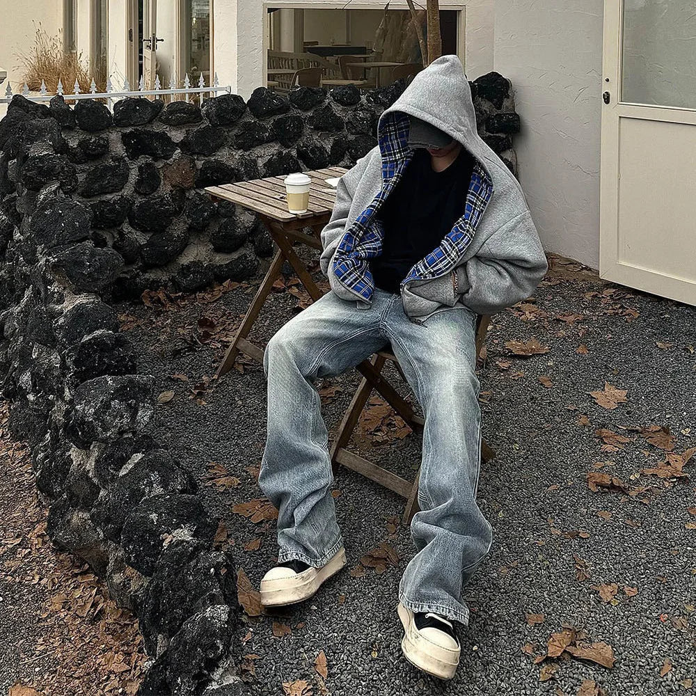 Grey Casual Spring Oversized Reversible Hoodies Women Men Streetwear Clothes Hoodie With Plaid Lining Sweatshirt Streetwear Tops