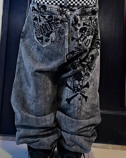 Y2K Street New Skull Embroidered Jeans American Fashion Trendy Retro Pants Men Hip Hop Gothic Harajuku Punk Loose Wide Leg Pants