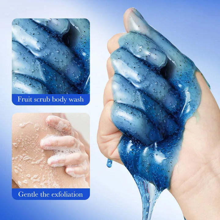 300ml Blueberry Exfoliating Shower Gel Contains Blueberry Extract, Fine Exfoliating Particles Deeply Cleanse Skin Dirt, Improve Rough Skin, Brighten Skin Tone, Make Skin Clean and Silky, and Emit a Pleasant Fragrance Halalzen