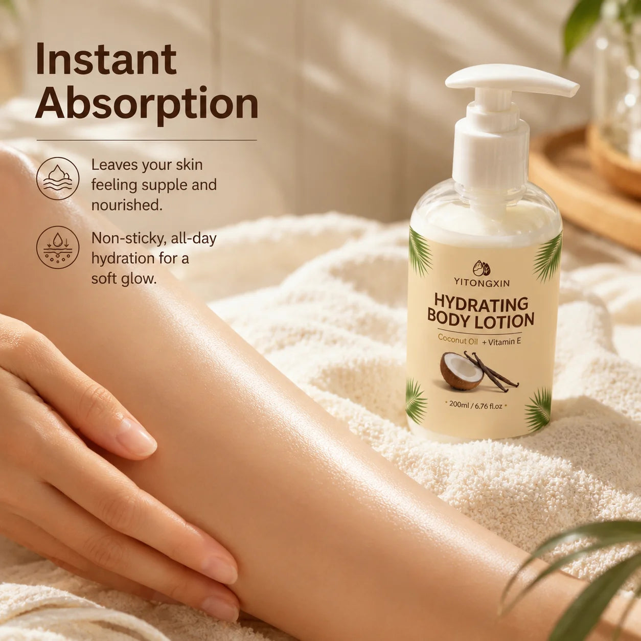 200ml Hydrating Body Lotion with Coconut Oil & Vitamin E, Vanilla Scented Moisturizer for Smooth Soft Skin, Daily Nourishing