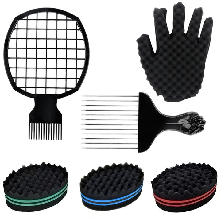 Afro Curly Hair Sponge Brush Twist Hair Comb Glove Set Barbershop Curling Net Comb Salon Hairdressers Wave Hair Style Tools Halalzen