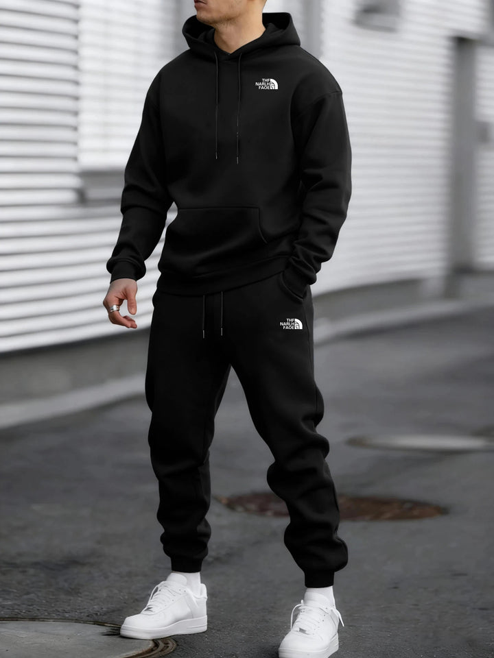 Men's Autumn and Winter Pattern Casual Two-Piece Set Hooded Sweatshirt and Pants withPockets Regular Fit Qutdoor Sport Suit HALALZEN