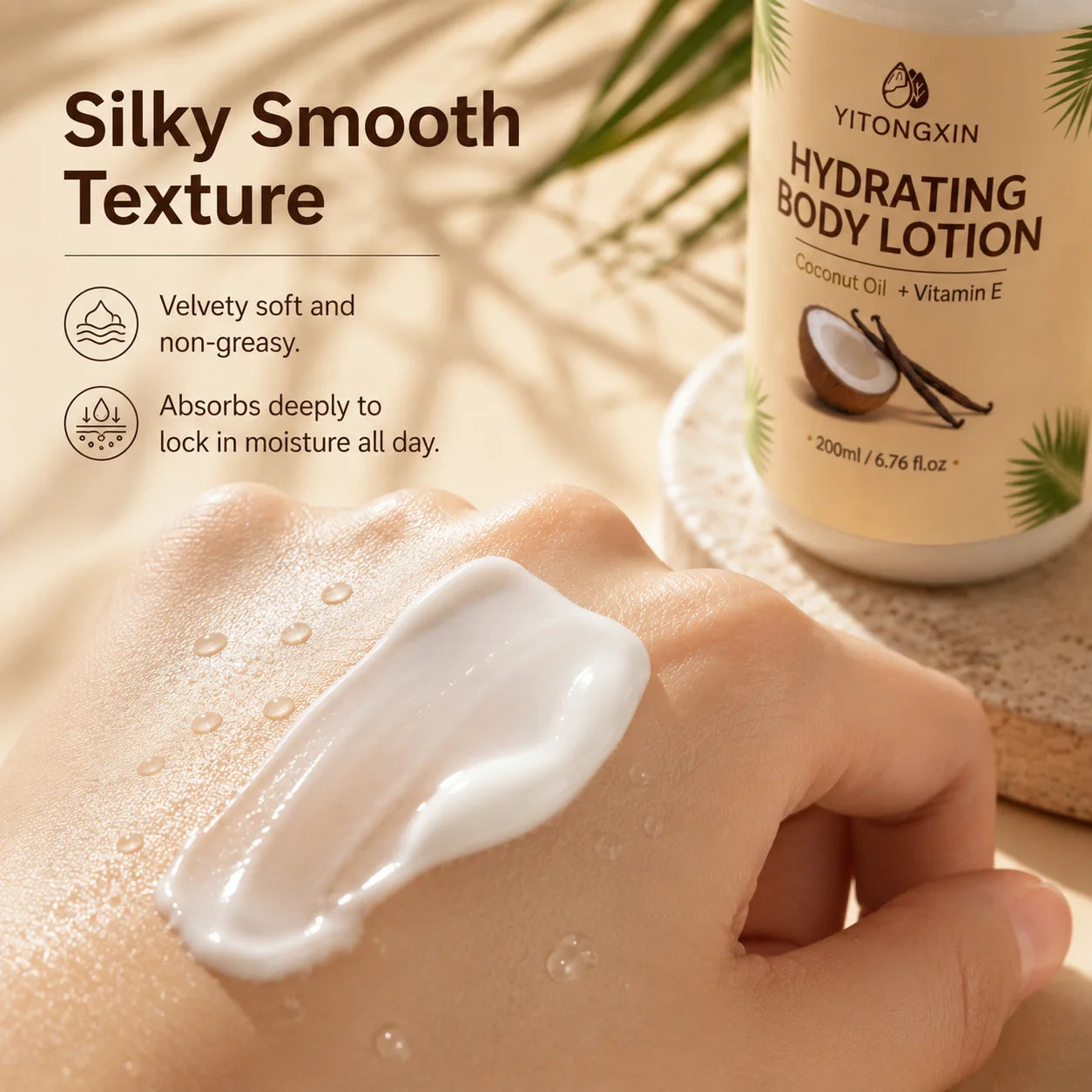 200ml Hydrating Body Lotion with Coconut Oil & Vitamin E, Vanilla Scented Moisturizer for Smooth Soft Skin, Daily Nourishing