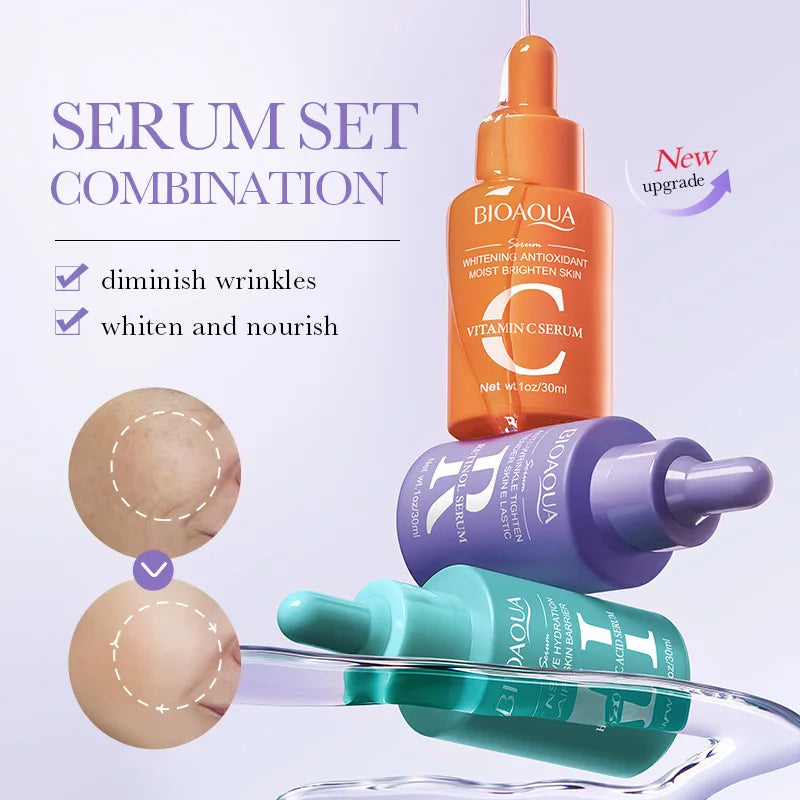 3pcs/set BIOAQUA Vitamin C Retinol Hyaluronic Acid Serum Moisturizing Whitening Anti Wrinkle Facial Essence Skin Care Sets Halalzen