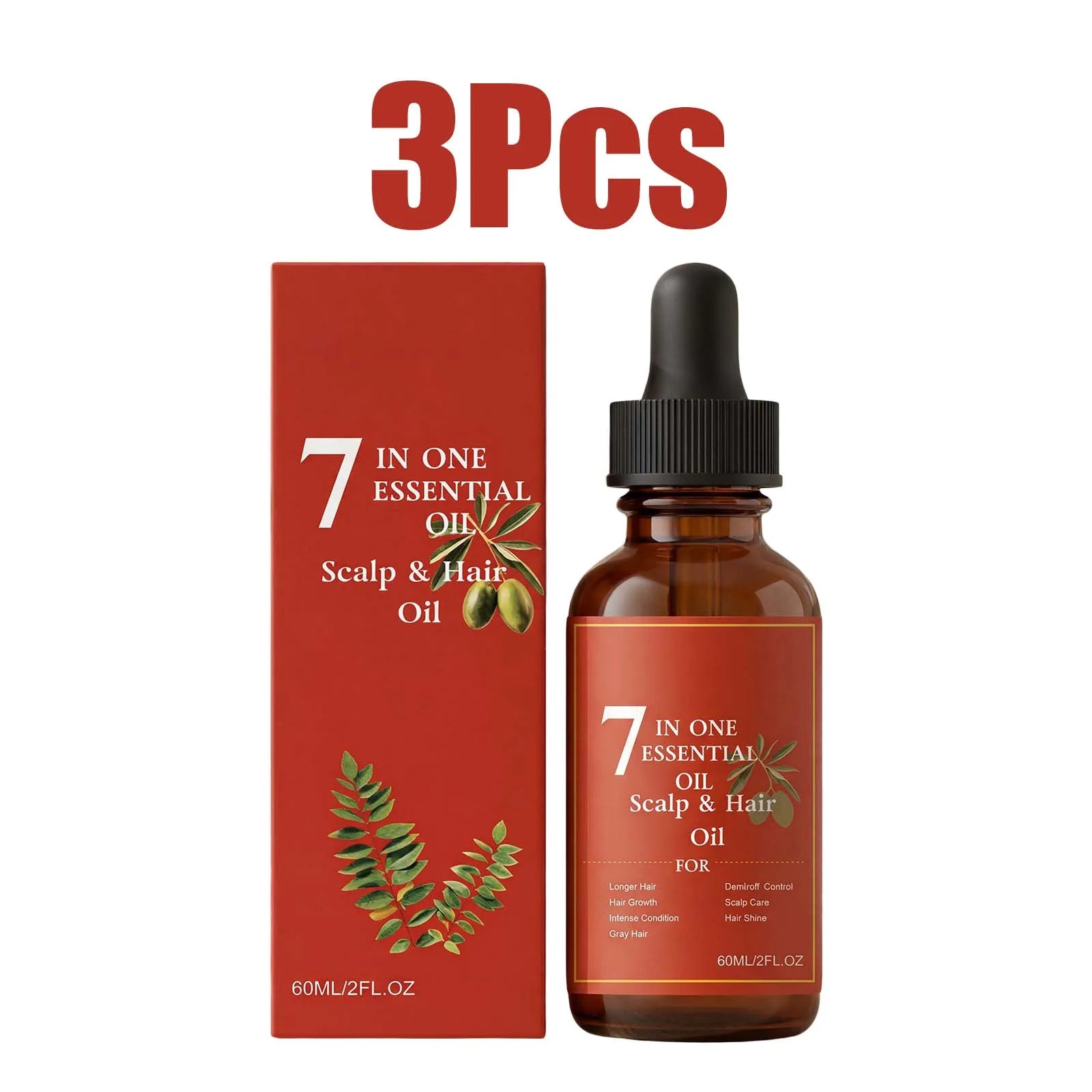 7-in-1 Hair Essential Oil 60ml Rosemary Olive Castor Oil Blend for Dry Scalp Hydration Shine Strong Roots Gray Hair Care