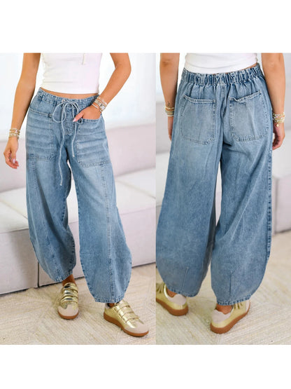 Women s High Waisted Denim Jeans Stretchy Elastic Waistband Tie-up Loose Fit Pants with Pockets Perfect for Everyday Street