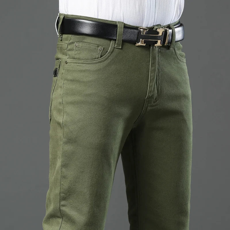 Large Size 42 44 Autumn 98% Cotton Men's Stretch Slim Jeans ArmyGreen Soft Comfortable Casual Straight Denim Pants Trousers