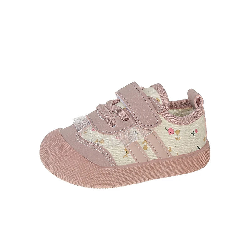 Baby Girls First Walker Shoes Hook and Loop Strap Lace Trim Soft Sole Cute Floral Print Non Slip Toddler Infant Footwear Colors