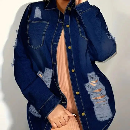 Women Solid Color Stylish Button-down Denim Shirt Ripped Pocket Long-sleeved Denim Top