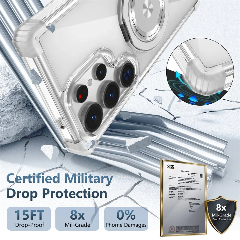 Rotating Magnetic Folding Stand Transparent Phone Case for Samsung S25 S24 S23 Plus FE Note 20 S21 Ultra Armor Shockproof Cover