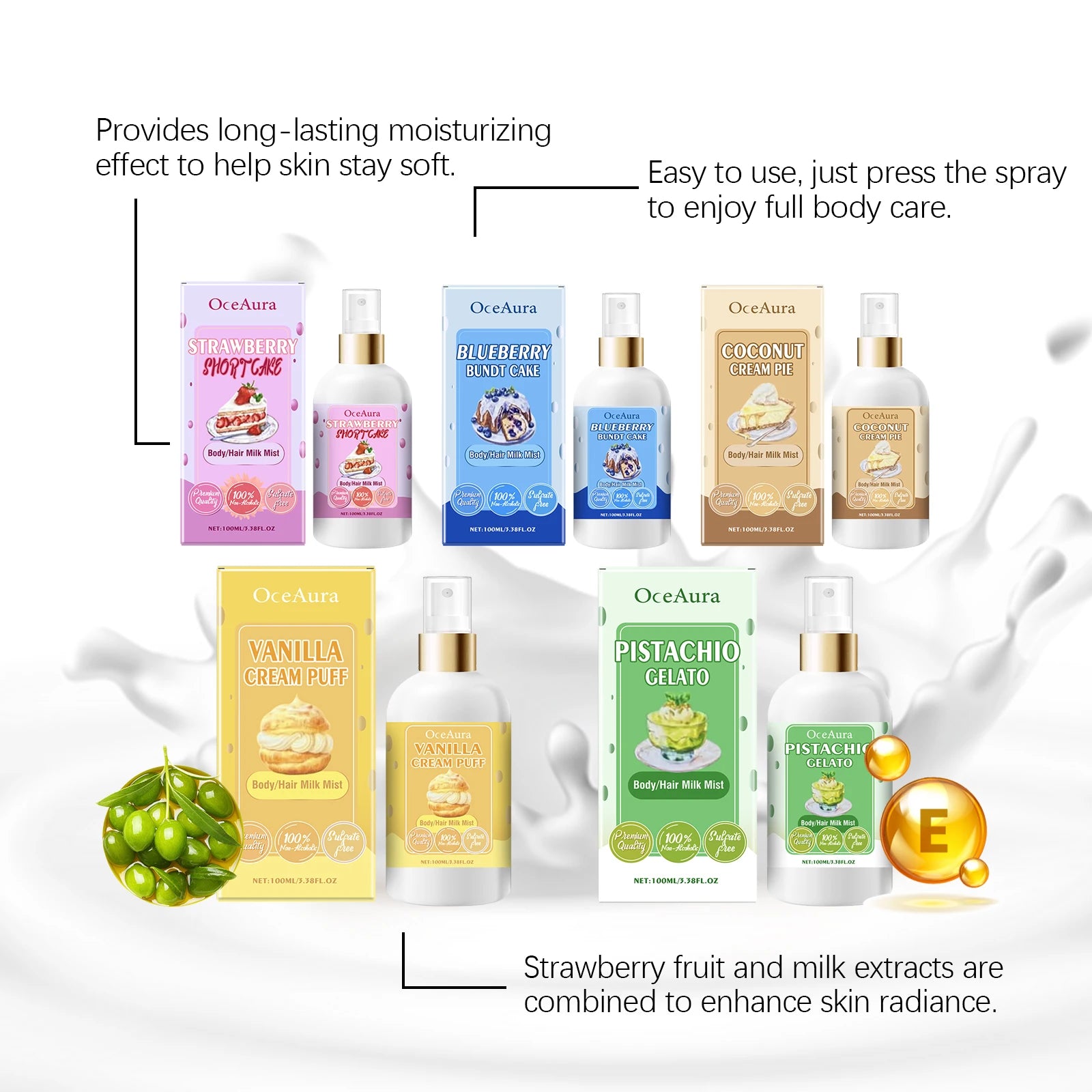 OceAura 100ml Body Moisturizing Spray (Coconut Cream) Moisturizing Refreshing Whole Body Hair Treatment Spray