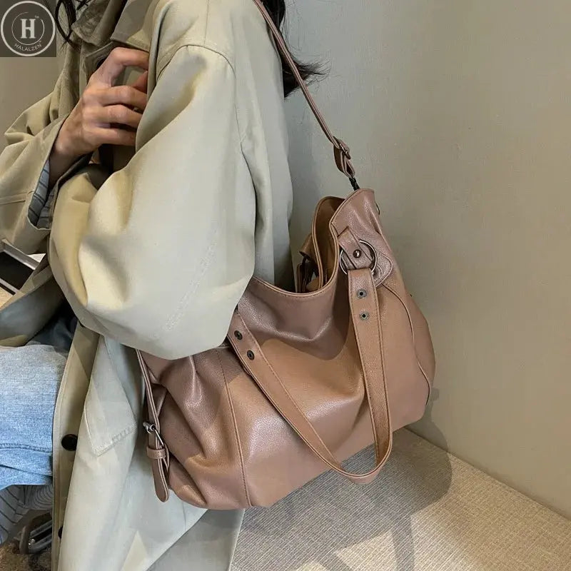 Ladies Large Capacity Brand Handbag Pu Leather Women's Retro Tote Bag Korean Fashion Shoulder Bag Winter White Zipper Handbag HALALZEN