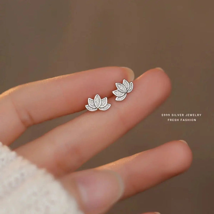 925 Sterling Silver Lotus Flower Small Stud Earrings For Women Piercing Luxury Elegant High Jewelry Best Selling HALALZEN