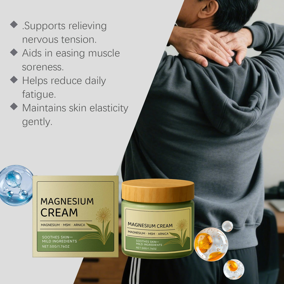Soothing Magnesium Cream Total Relief Muscle Pains Soothe Nerves Fast-Absorb Non-Greasy Daily Body Care Cream With Msm & Arnica