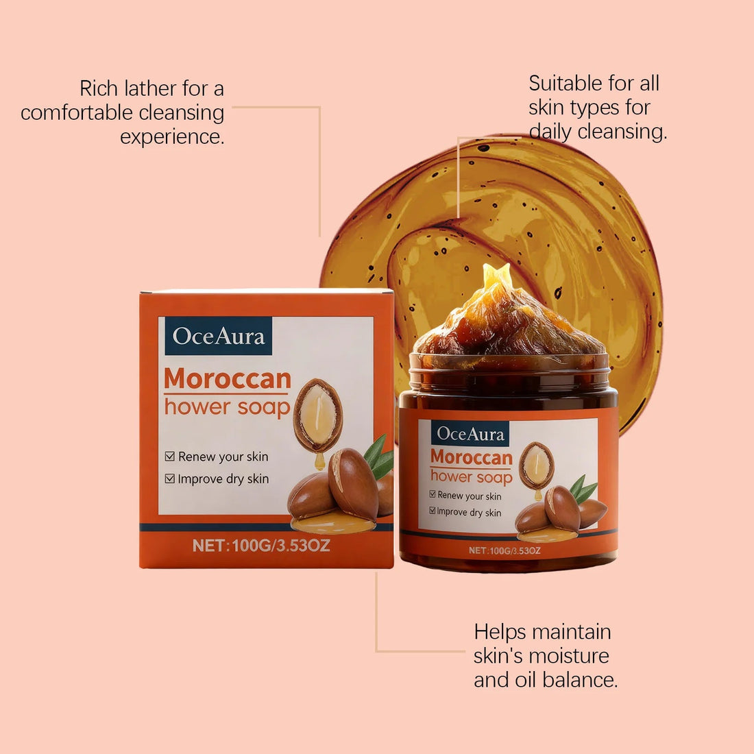OCEAURA Moroccan Bath Soap Cream Deep Clean Improve Dullness Exfoliate Brighten Skins Relieve Dryness Body Care Bath Soap Cream Halalzen