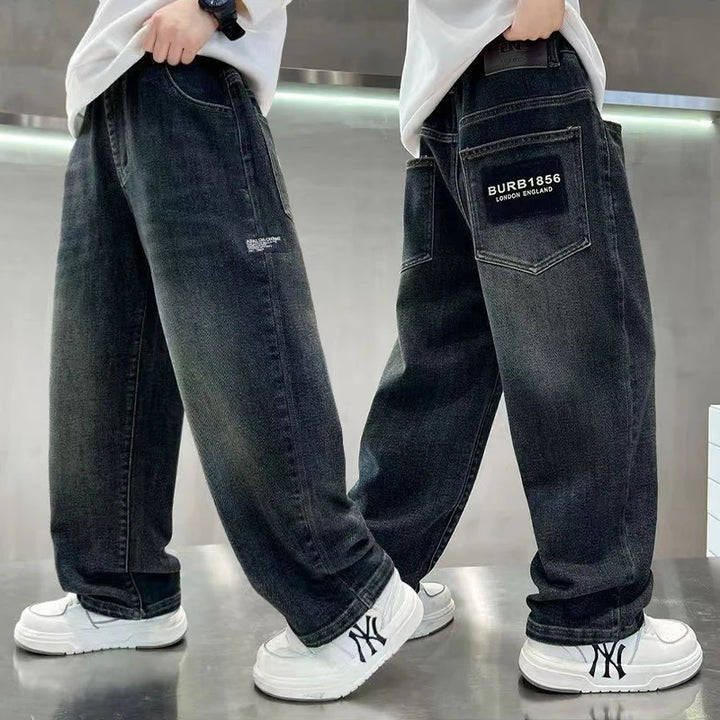 Boys Warm Plush Jeans Autumn Winter Straight Loose Fit Casual Trousers Kids Fashion Streetwear Denim Pants 5-14 Years