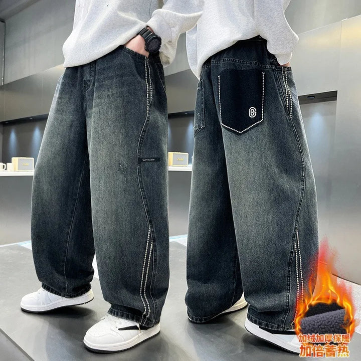 Boys Winter Warm Jeans New Style Teenage Children Trendy Brand Straight Leg Fleece Denim Pants Kids Loose Trousers