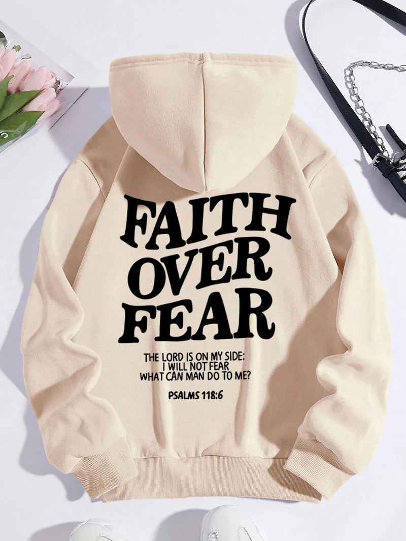 Casual Women's Hoodies Faith Over Fear Letter Printing Sweatshirts Fleece Warm Comfortable Pocket Pullovers Autumn Streetwear