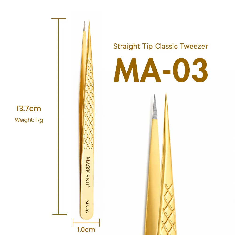 MASSCAKU Eyelash Extension Tweezers Fiber Tip Gold Stainless Steel Lash Pickup Tool for Volume Fans Classic Lash Isolation