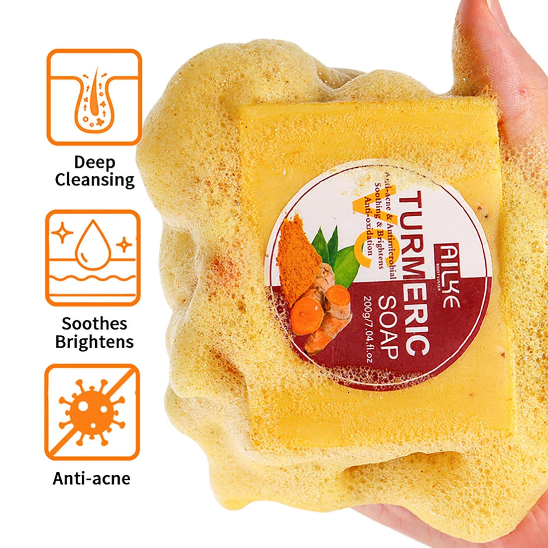 AILKE Natural Turmeric Soap for Face & Body, Whitening, Clean Stains, Even Skin Tone, Remove Acne, Age Spot, Black Spot, 200g Halalzen
