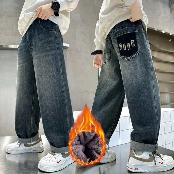 Boys Warm Plush Jeans Autumn Winter Straight Loose Fit Casual Trousers Kids Fashion Streetwear Denim Pants 5-14 Years