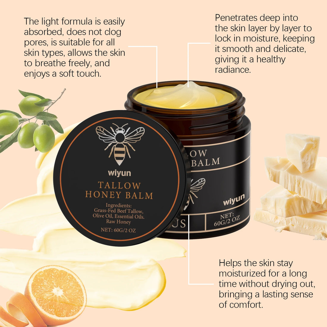 Tallow Honey Balm Moisturizing Cream for Face Body Grass Fed Beef Tallow Balm Natural Deep Moisturizer Soft Soothing Skin