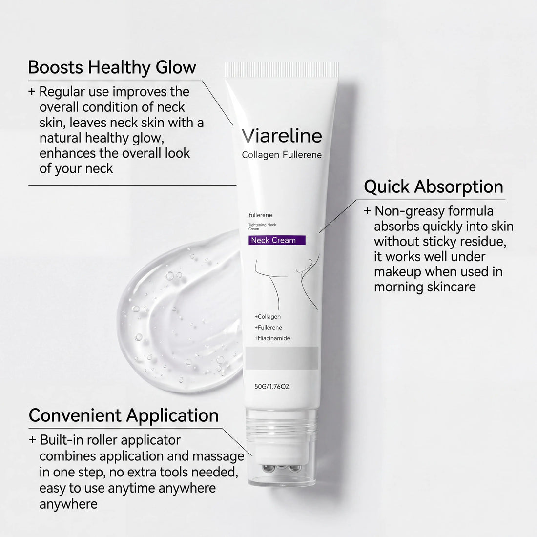 Collagen Fullerene Neck Cream Niacinamide Brightening Jawline Tighten Lift Firming Anti-Wrinkle Neck Care Moisturizing Cream with Rollers
