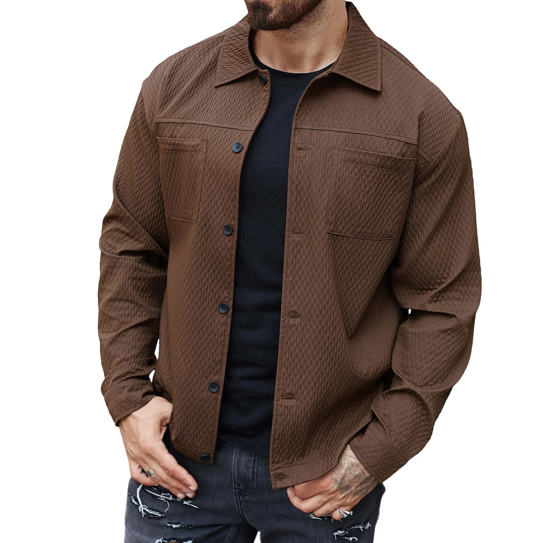Men s Casual Shirt Jacket Regular Fit Solid Color Long Sleeve Button-up Tops Spring Fall Streetwear Fashion Outwear Coat