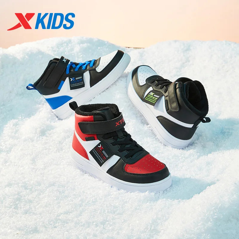Xtep Kid's Skateboarding Shoes 2024 Winter Unisex Warm Cotton High-top Velcro Stitching Color Fashion Casual Shoes 676416379380