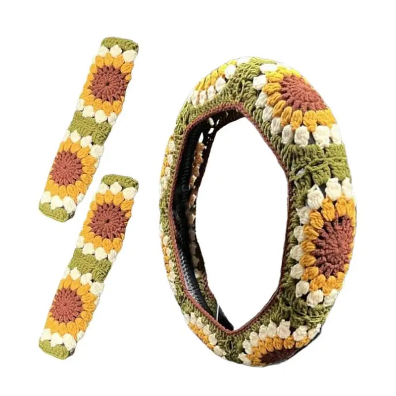 Universal Crochet Sunflower Car Steering Wheel Cover 35-38cm Anti-Slip Auto Handmade Wheel Cover With Seat Belt Cover Set