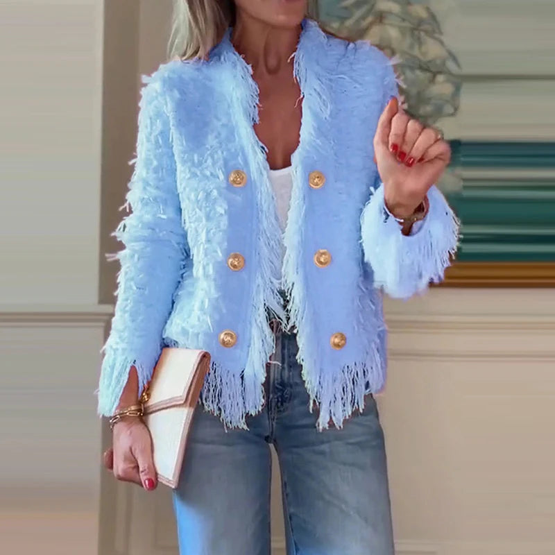 Casual Long Sleeve Plush Outercoat Autumn Winter Elegant Solid Color Cardigan Coat 2025 Women Fashion V-neck Tassel Short Jacket