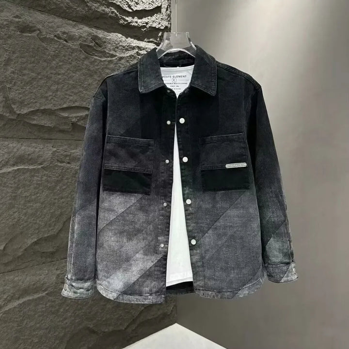 Men's Casual Loose Fit Denim Jacket With Patchwork Design And Faded Wash Turn Down Collar Single Breasted Long Sleeve Outerwear