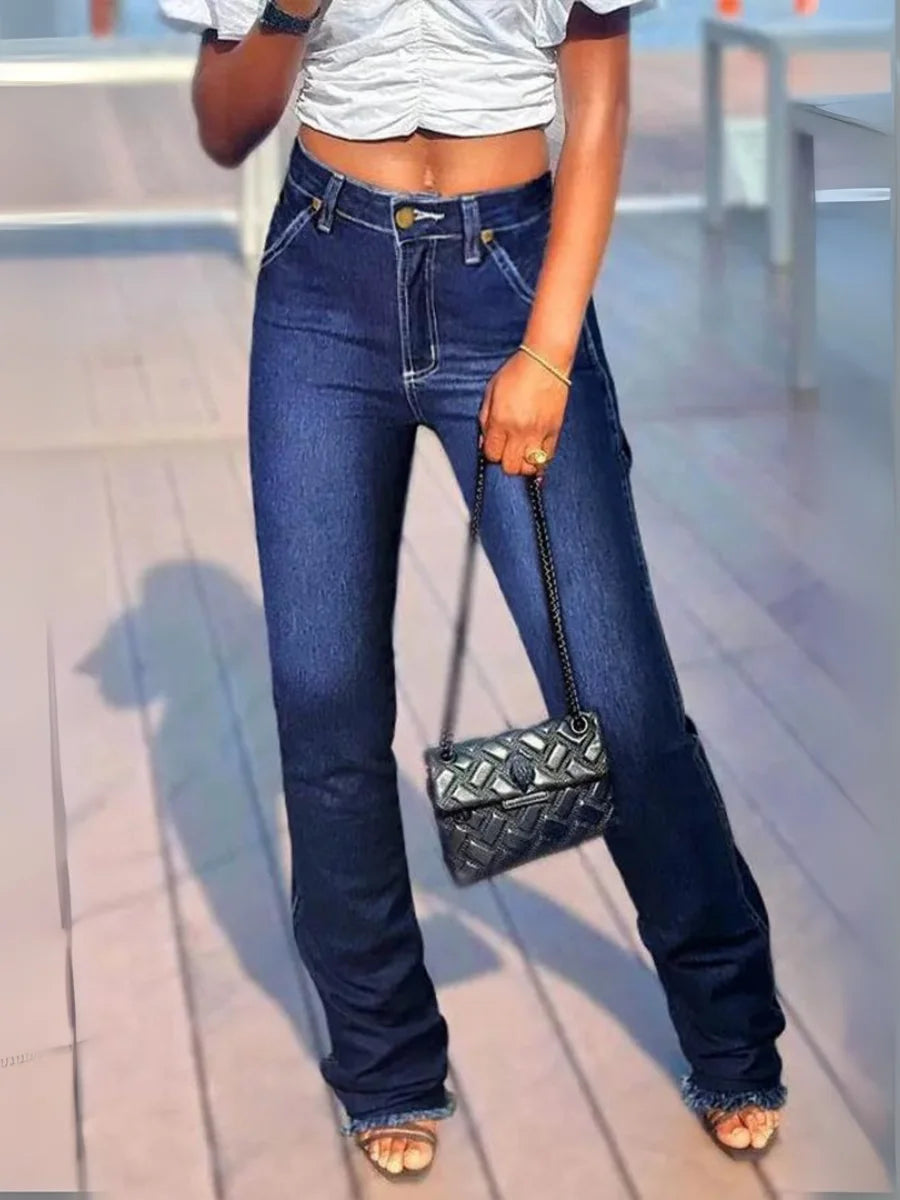 【HME】Women's Stretch Flare Jeans - Vintage Blue Denim Mid-Rise Slim Fit with Slant Pockets & Frayed Hem, No Belt Needed