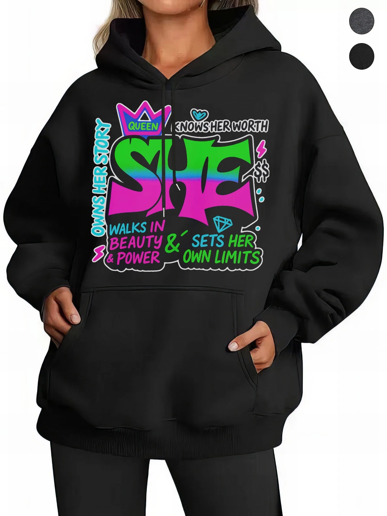 She motivational Women’s Loose Fit Black Gray Hoodies Soft Cotton for Fall/Winter Halloween Thanksgiving Comfort